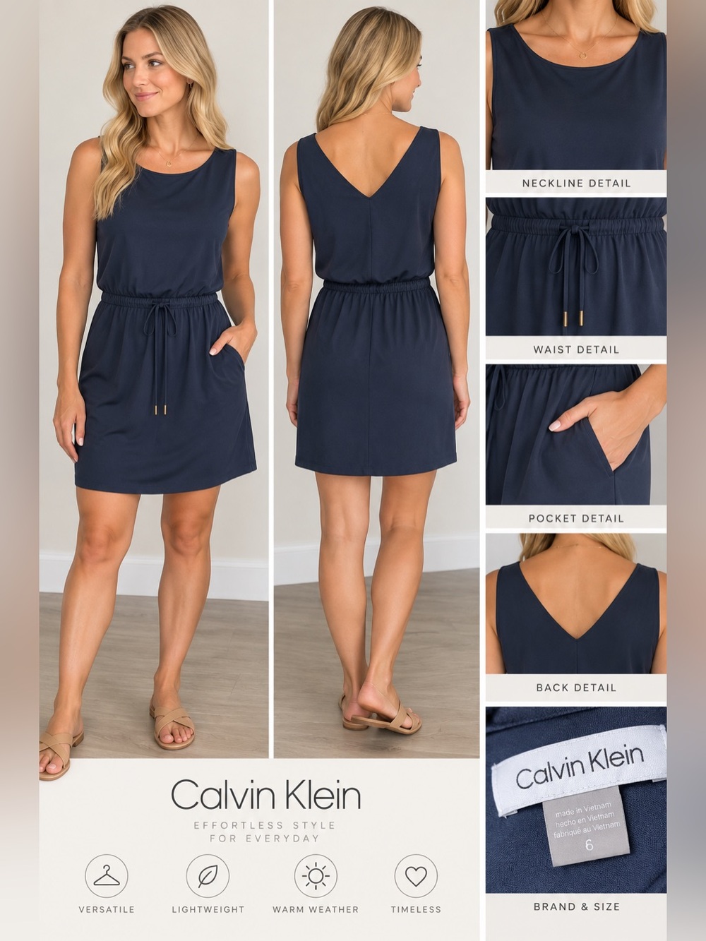 Calvin Klein Navy Blue Sleeveless Drawstring Waist Dress Size 6
